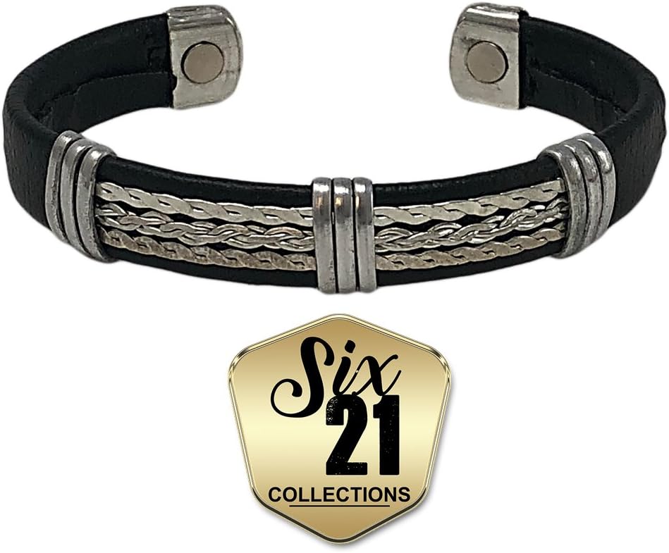 Handmade Black Leather Magnetic Bracelet for Arthritis Relief - Silver-Plated, 2 Magnets, Adjustable Bangle - For Men and Women (NIGHTHAWK)