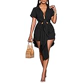 Womens Sets 2 Piece Outfits Short Sleeve V Neck Tie Front Blouse Shirt Top Dress and Shorts Summer Set