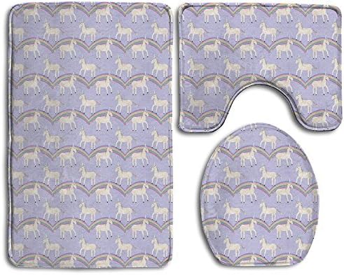 Bath Mat,3 Piece Bathroom Rug Set,Unicorn Rainbow Flannel Non Slip Toilet Seat Cover Set,Large Contour Mat,Lid Cover For Men/Women