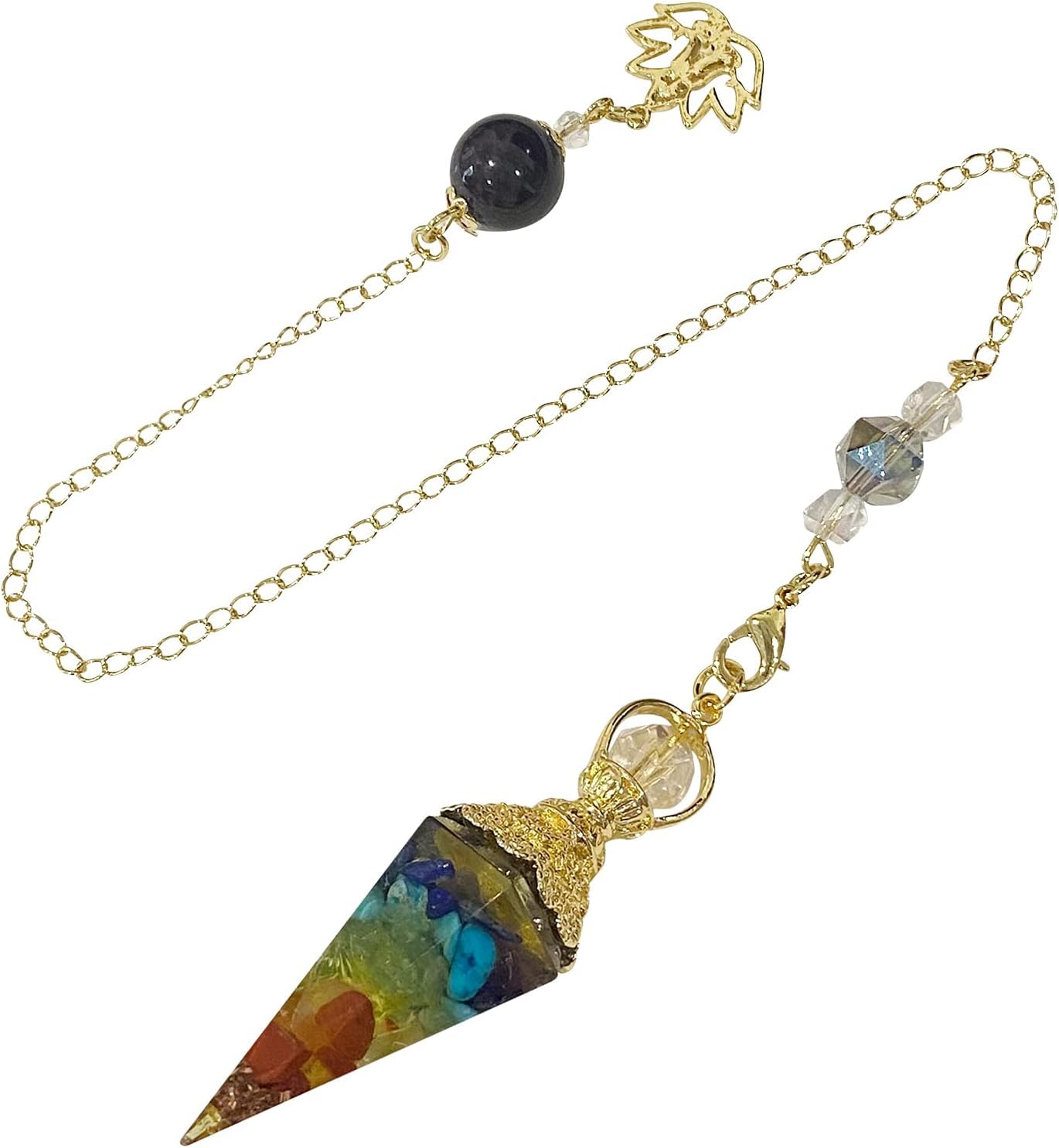 TOFBS Chakra Resin Gemstone Pendulum Gradient Healing Stones Pendulum Flower Wire wrap Pendulum Pendant with Chain for Reiki Healing Dowsing Scrying Balance Meditation Bracelet (Gold*7 Chakra)