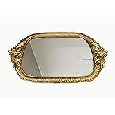 Deng YH Large Gold Oval Mirror Tray, 18.75" x 11.5",Handmade Resin Frame,Vintage Tray Decorative Jewelry, Mirror Trays for Vanity Elegant Gold Home Décor with Handle.