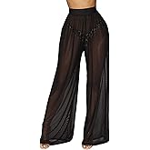 Womens High Waist Sheer Mesh Ladder Bootcut See Through Bikini Bottom Cover Up Flare Leggings Pants