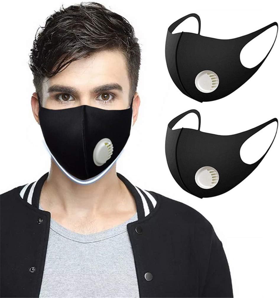 2pcs Reusable Washable Cotton Respirator with Filters Breather Valve for Adults, Dustproof 口罩 Máscara Windproof PM2.5 Foggy Haze Pollution Face Protection for (2, Black)