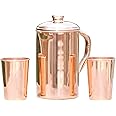 Ancient Impex Pure Copper Pitcher with 2 Copper Tumblers for Storing and Drinking Water | Ayurvedic Pure Copper Jug Capacity 57.48 fl oz. with Matching Lid and 2 Matching Tumblers