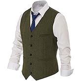 PJ PAUL JONES Men's Western Herringbone Tweed Suit Vest Wool Blend V Neck Slim Fit Waistcoat