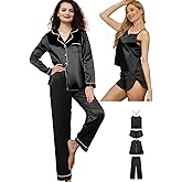 WJing Yi Jia 4Pcs Womens Silk Pajama Sets Satin Pajamas Set Sexy Cami Lingerie Pjs Nightwear Silky Pj Loungewear Sleepwear