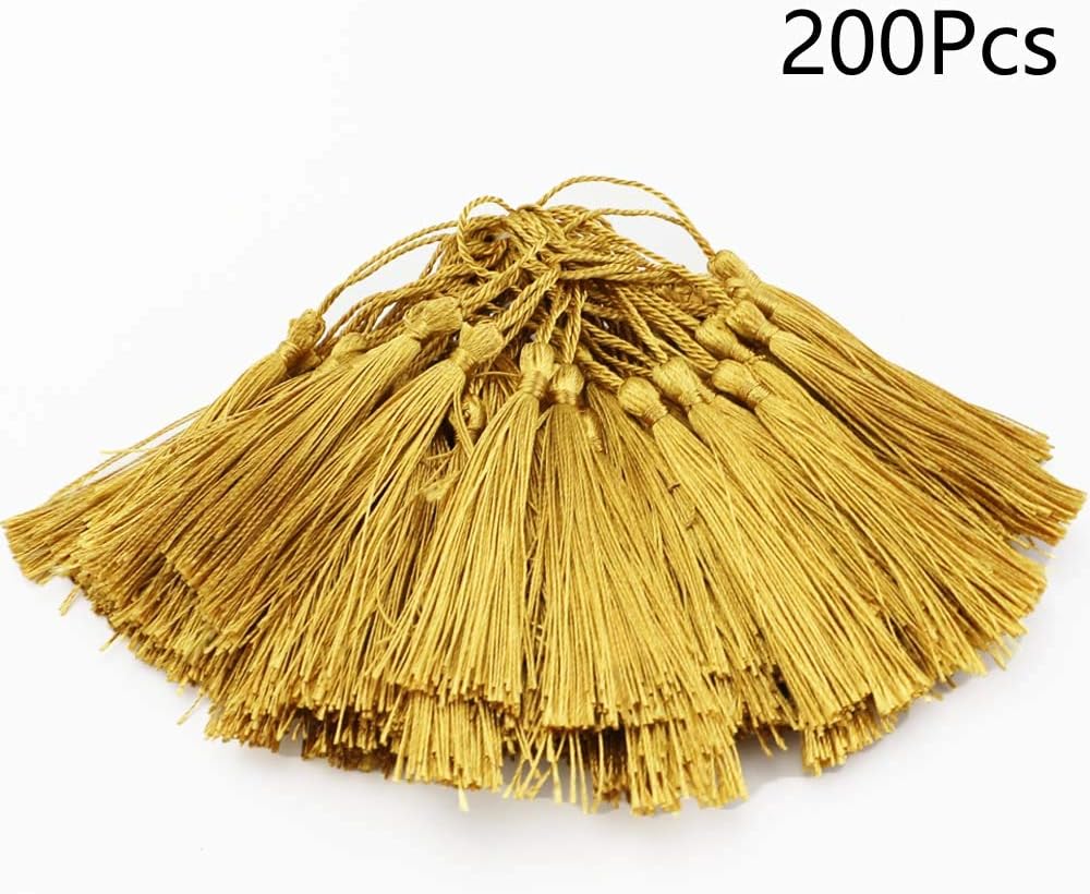 fairy maker 200Pcs Gold Tassels for Handmade Craft Accessory, 5.4X 0.2 x 0.2" Silky Floss Bookmark Tassels