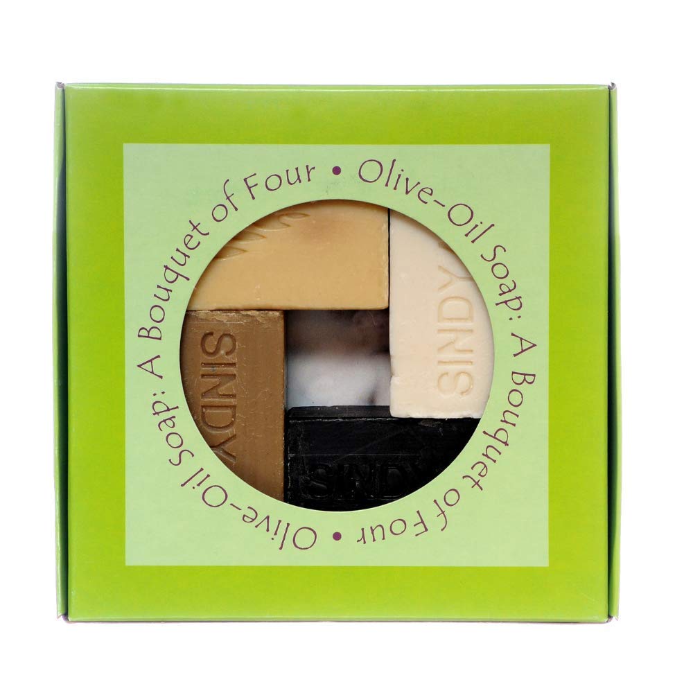 Sindyanna's 4 Olive Oil Soap Bars Gift Set. Traditionally Made.3.5 Oz each. Handmade Gift of 4 Bars of all natural soaps. 4 Middle Eastern flavors - Olive Oil, Pomegranate, Dead Sea Mud. 14 OZ total