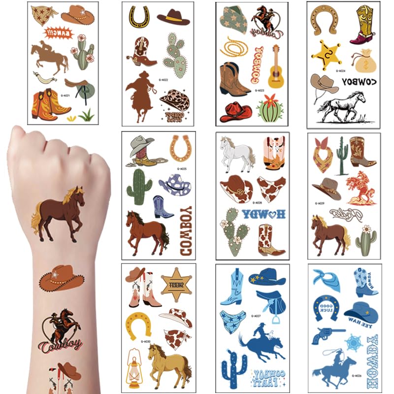 Qpout 10 Sheets Cowboy Temporary Tattoos Western Horse Rodeo hats Boots Face Fake Tattoos, Boys Cowboy Crafts Western Party Temporary Tattoo Horse Sticker Cowboy Party Favors — image 1