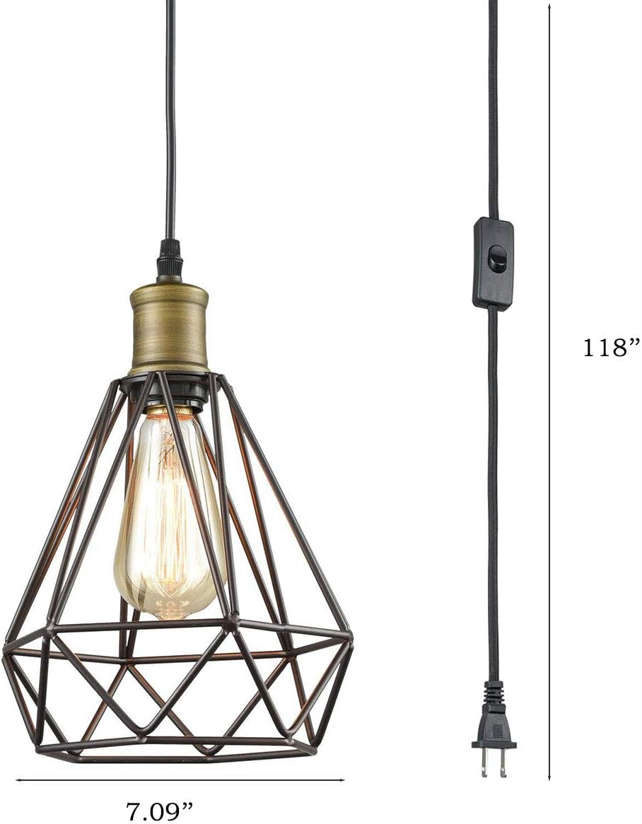 Farmhouse Plug in Pendant Light with On/Off Switch Wire Caged Hanging Pendant Lamp - - 