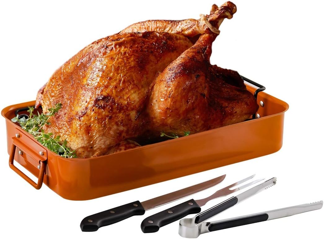 Ovente Oven Roasting Pan Non Stick Carbon Steel Tray with Rack and Carving Knife Set, V-Shaped Design for Better Cooking Result, Easy to Clean with Dishwasher Safe Feature, Copper (CWR24619CO)