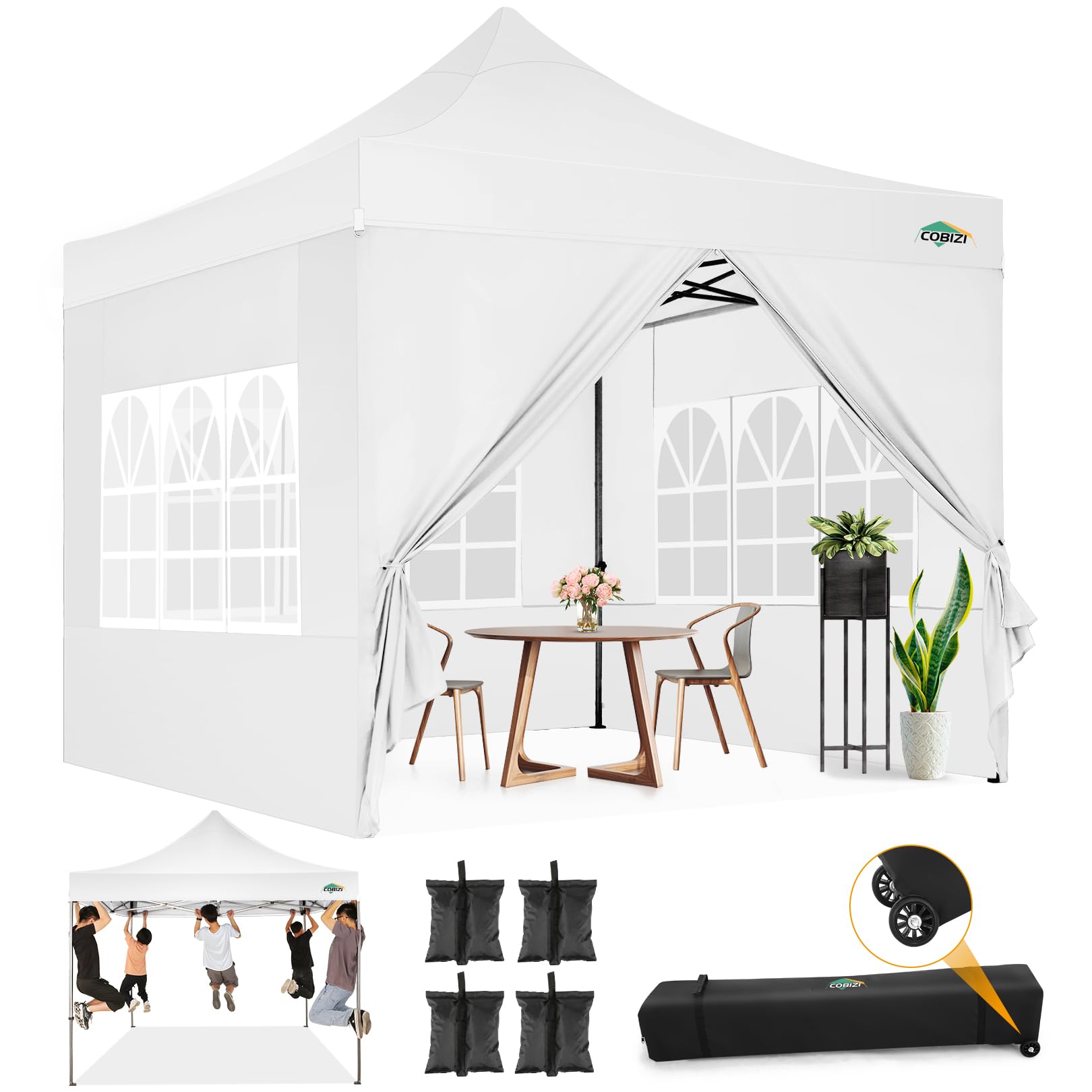 Photo 1 of COBIZI 10x10 Pop Up Canopy with Sidewalls Heavy Duty Party Tent with Removable Awning Easy Up Outdoor Canopy Wedding, All Season Windproof&Waterproof with Roller Bag UPF 50+, White