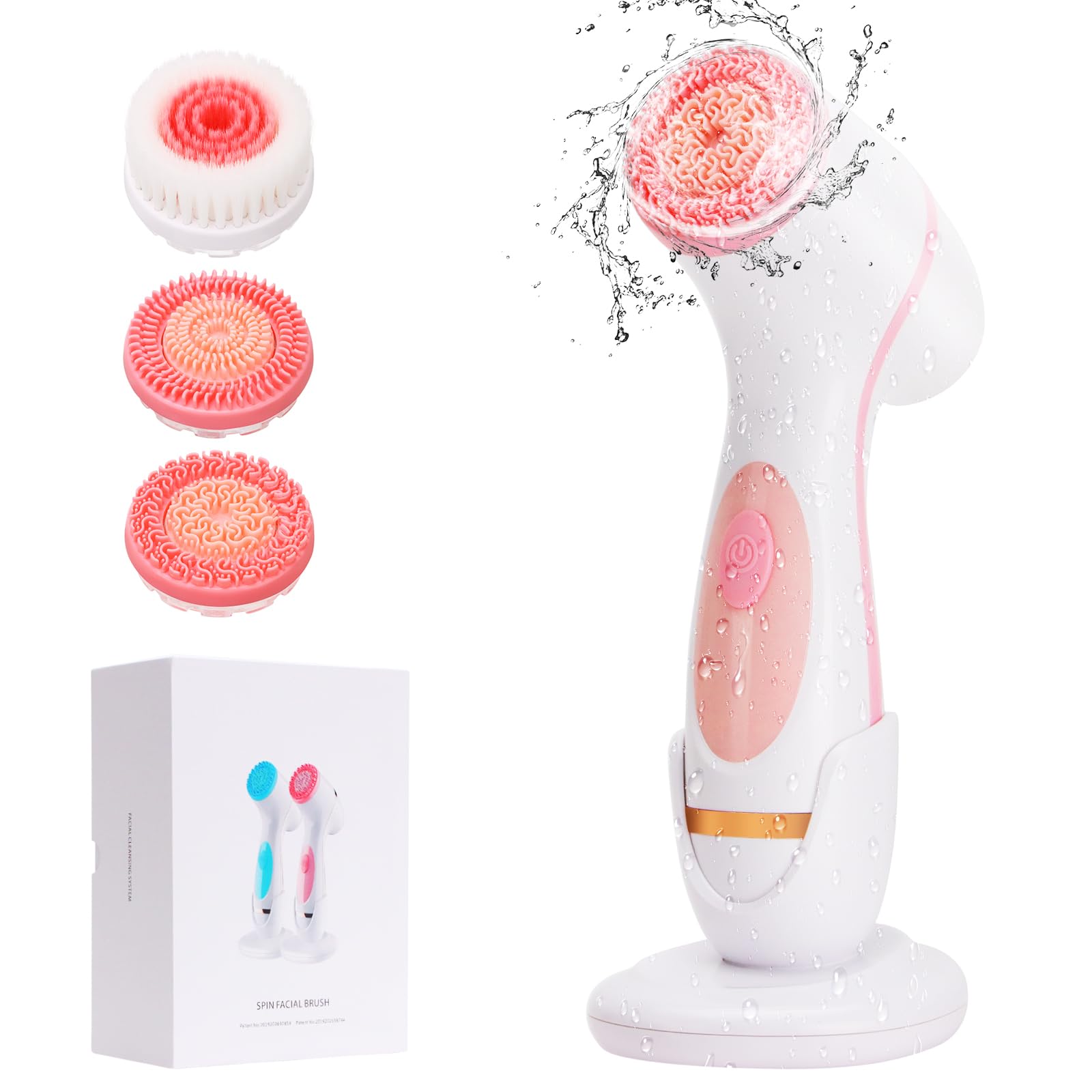 Facial Cleansing Brush, 3 in 1 Electric Facial Cleansing Brush with 3 Brush Heads for Women/Men, Waterproof Rechargeable Face Brushes for Dry Oily Sensitive Skin (Pink)