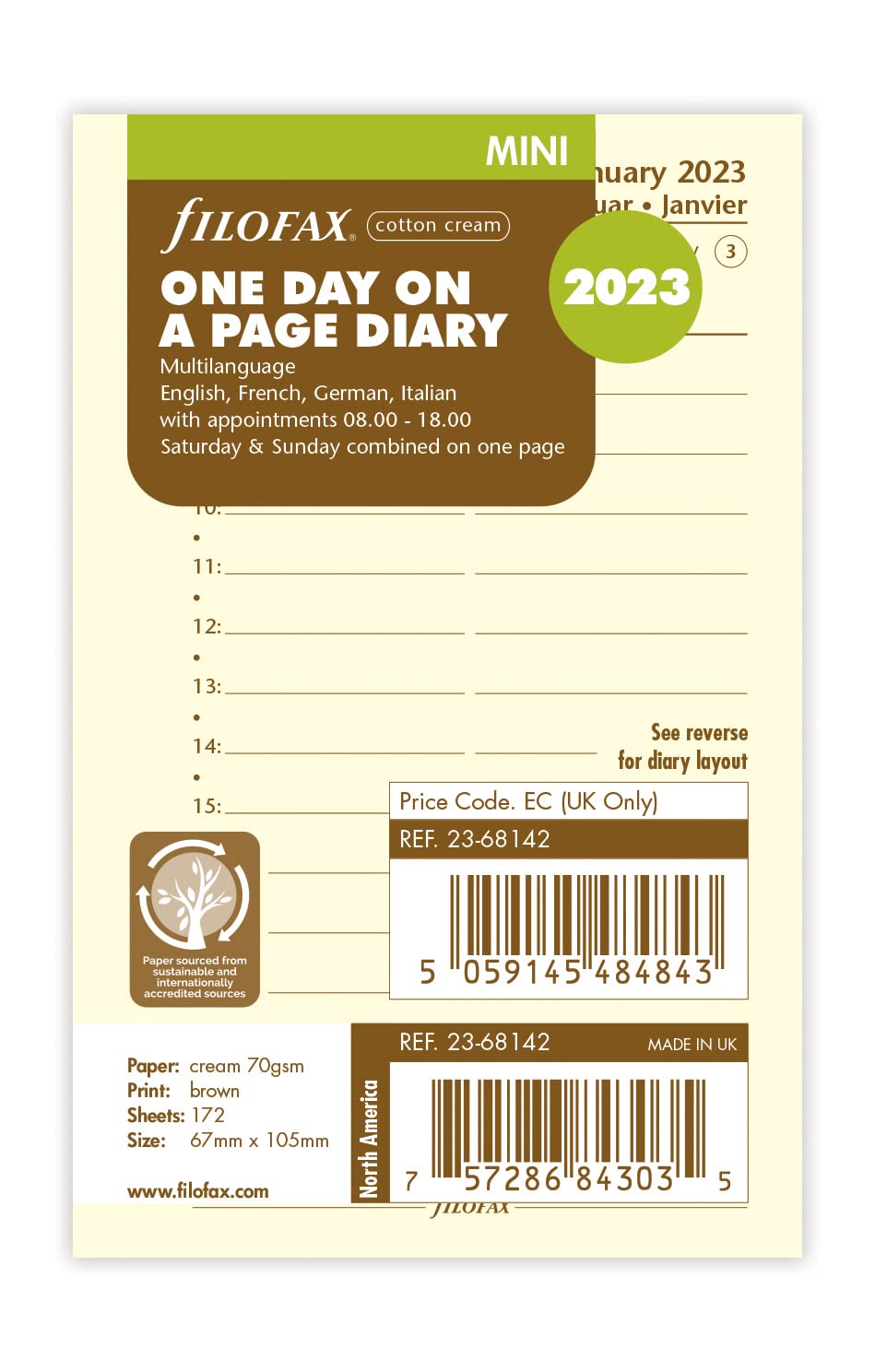 Filofax Mini day per page cotton cream 4 language 2023 diary (23-68142)