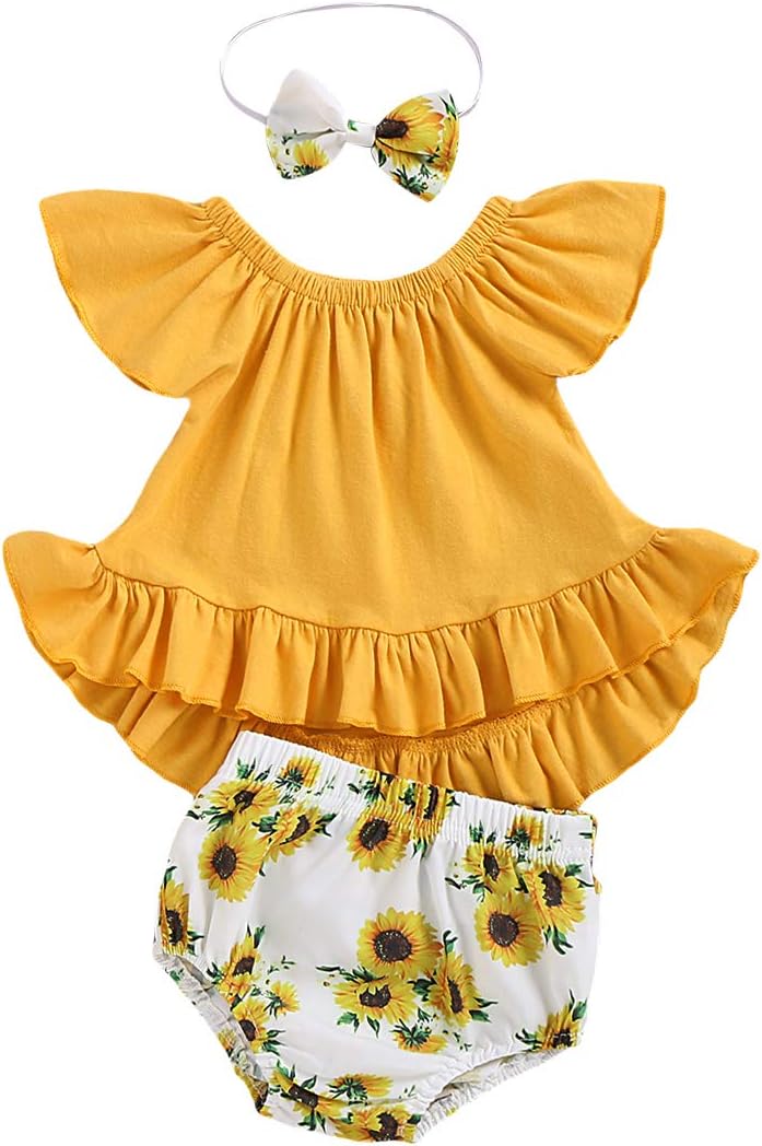 CARETOO 3Pcs Baby Girls Clothes Outfits Set, Girl Short Sleeve Top Sunflower Short Pants with Headband