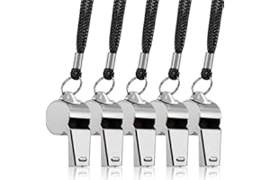 FineGood 5 Packs Stainless Steel Whistle, Loud Metal Whistle with Lanyard for Referees Coaches Lifeguards Survival Emergency Football Basketball Soccer Hockey - Silver