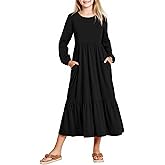 Arshiner Girls Maxi Dresses Lantern Long Sleeve Casual Holiday Dress with Pockets for 5-14 Y