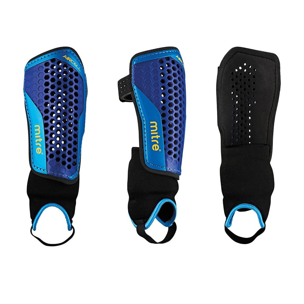 Mitre Aircell Football Ankle Protection Shin Pads | Extremely Breathable | Lightweight Shin Guard, Black/Blue/Yellow, XS — image 1