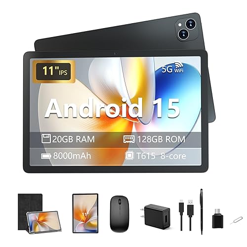 Iconiotk Android 15 Tablet 11 inch Tablet with Keyboard, 20GB+128GB, 1TB Expand, Octa-Core, 2.4G/5G WiFi, 8000mAh, BT V5.2, IPS Touch Screen, GPS, 2 in 1 with Case, Mouse, Stylus (Gray)