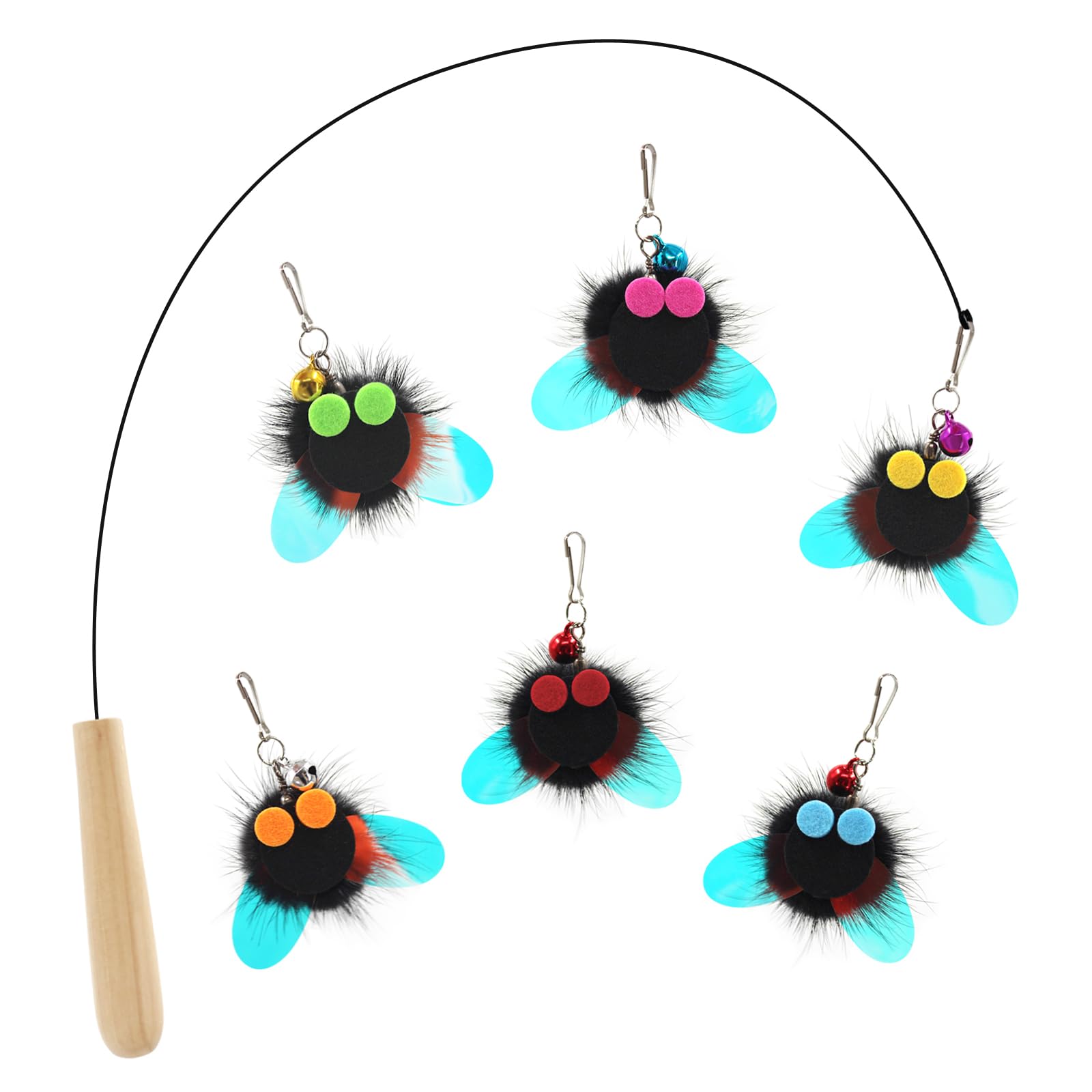 SONGWAY Cat Teaser Wand Toy - 7 Pcs Interactive Cat Toys Set with Steel Wire Wand and 6 Insect Shaped Furry Toy Refills for Indoor Cats Kittens Exercise Playing