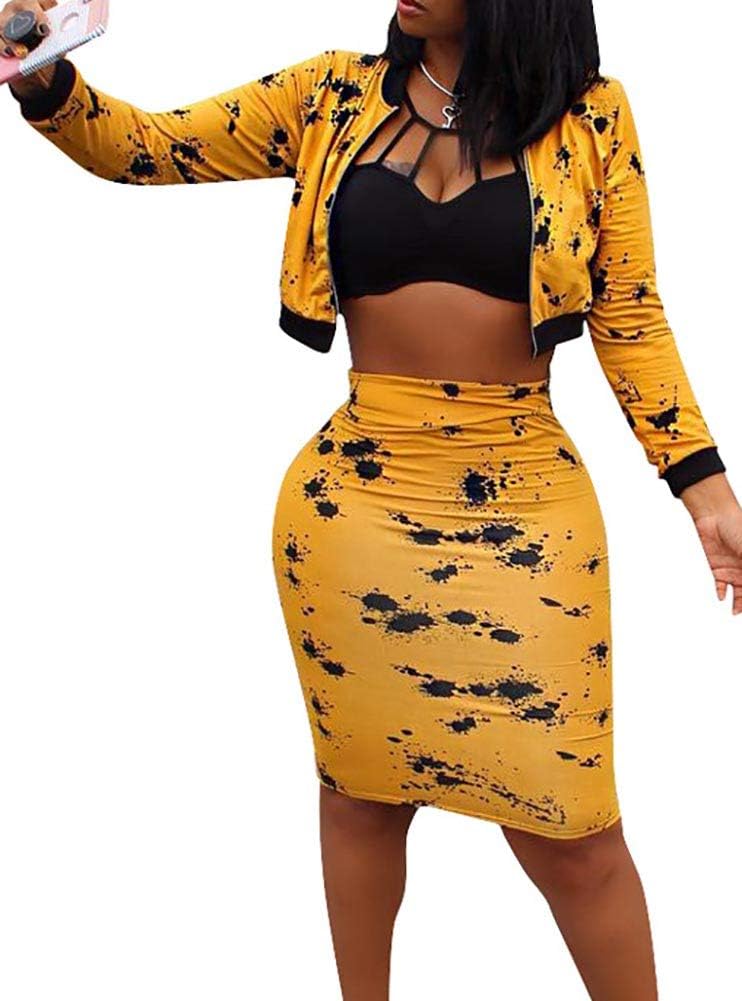 Women Casual 2 Piece Outfits Bomber Jacket and Faux Leather Skater Skirt Set Clubwear