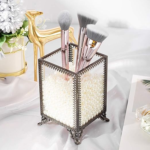 Amazon Com Asttic Makeup Organizer Vintage Make Up Brush Holder With White Pearls Retro Makeup Brush Vase Square Metal Makeup Storage Containers For Dresser Vanity Countertop Bathroom Home Kitchen