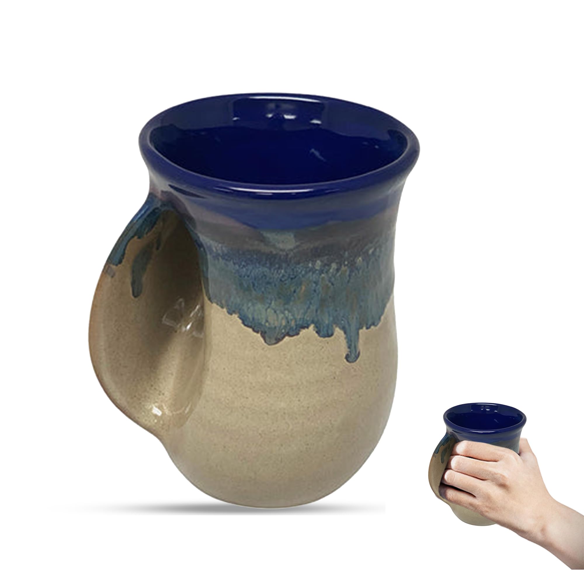 Clay in Motion Hand Warmer Coffee Mug – Handmade Coffee Mug With Comfortable Handle Contoured Pocket Hand Warming Ceramic Coffee Mug – Proudly Made in USA – Left Handed – 14 Oz - Cobalt Canyon