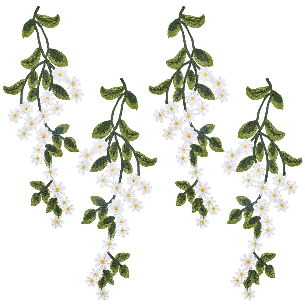 GORGECFAFT 2 Pair Green Leaves Floral Applique Leaves Vine Embroidered Patches Green Leaf White Daisy Flower Sew on Repair Patches for Costume Clothing Embellishments DIY Sewing Craft Project