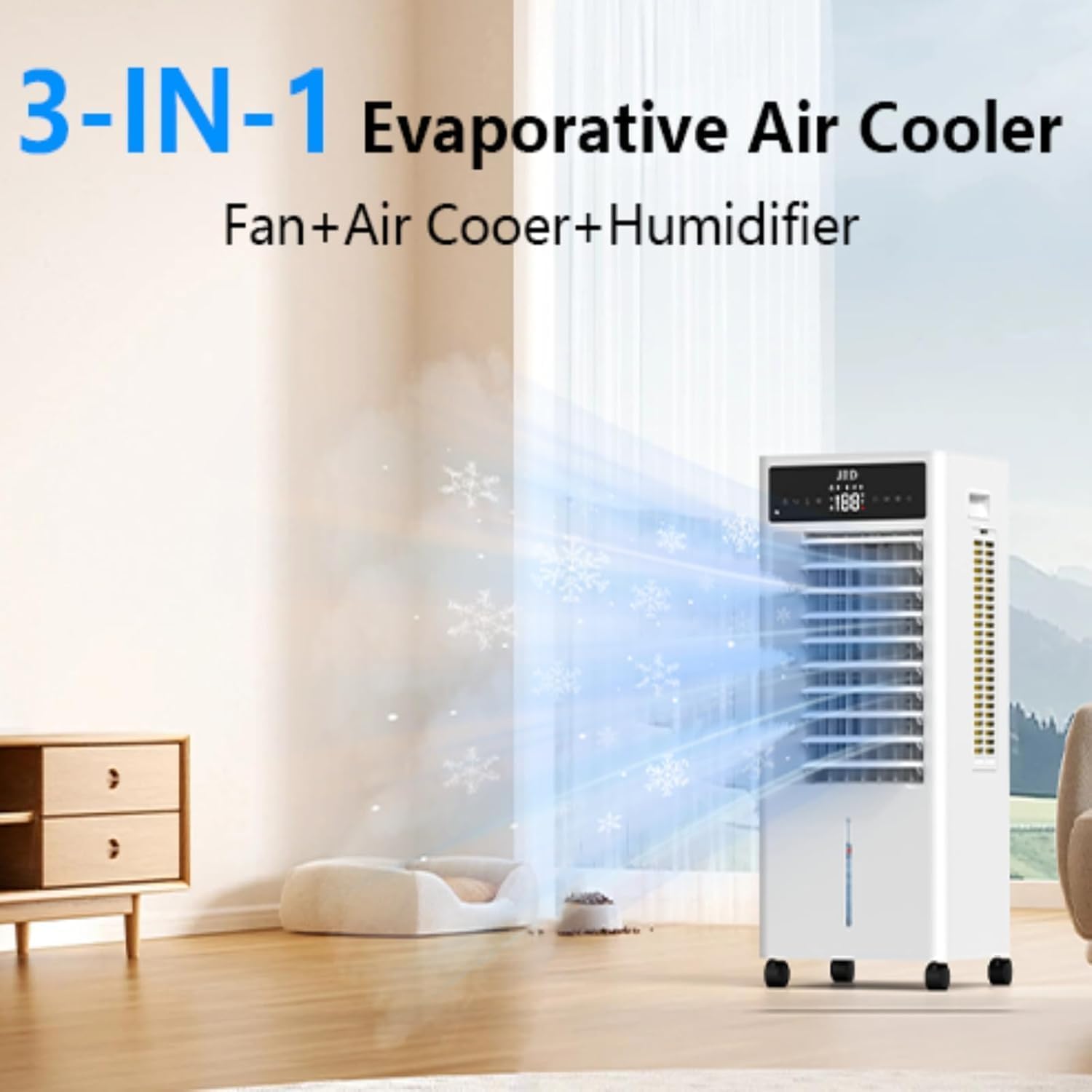JRD Portable Air Conditioner, Portable Evaporative Air Cooler with Remote, 12H Timer, 4 Ice Pack, 2.4Gal Tank, 4 Mode&3 Speed, Mist Function, Swamp Cooler Cooling Fan for Bedroom Home Office Garage