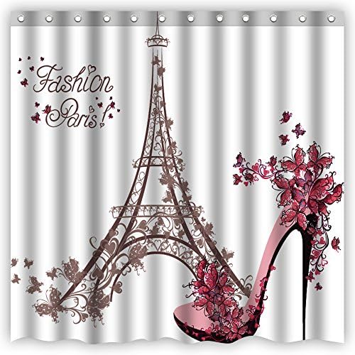 Atwtow Vintage Fashion Paris Eiffel Tower Sexy High Heels Butterflies Flowers Bathroom Shower Curtain,72-Inch by 72-Inch,Unique and Generic Waterproof Polyester Fabric Decorative Bath Curtain Designs