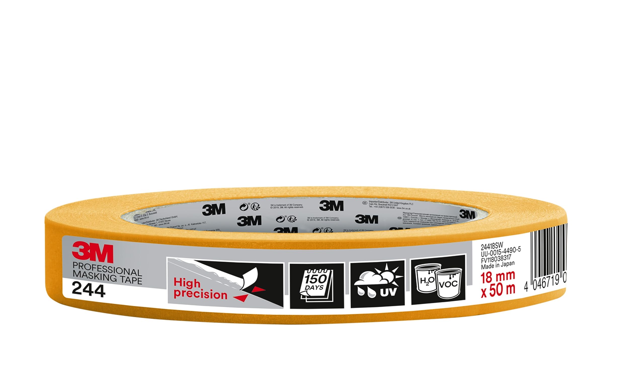 3M Professional Masking Tape 244, Universal Surfaces, Painters Tape, 18 mm x 50 m - High Precision, UV and Water Resistant, For Indoor & Outdoor