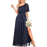 YHHOWEP One Shoulder Formal Dresses for Women Long Sparkly A Line Split Evening Gowns Wedding Guest Dress