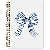 ISANOU Blue Stripe Ribbon Bow Notebook,Trendy Coquette Lined Spiral Notebook Hardcover,College Ruled Notebook,Office School Journal Notebook for Work,5.5x8.3 Inch 80 Pages,Gifts for Women Teen Girl
