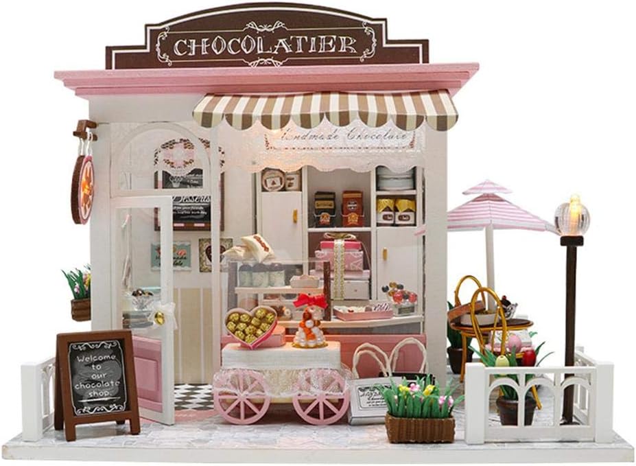 3D Mini Wooden Handmade Dollhouse，Miniature Dollhouse DIY Kit with led Lights - Chocolate cottaget - 3D Puzzles Toys for Gifts and Decoration
