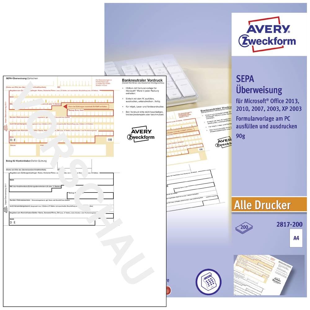 Avery Zweckform 2817 Überweisung/Payment Slip PC Printer Form, 200 Sheets of A4