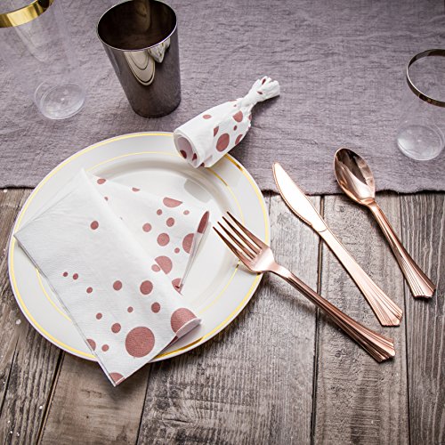 TBwisher 400 Pieces Rose Gold Disposable Flatware - Heavyweight Plastic Cutlery - Disposable Plastic Silverware Set - Includes 100 Paper Napkins, 100 Forks, 100 Spoons, 100 Knives