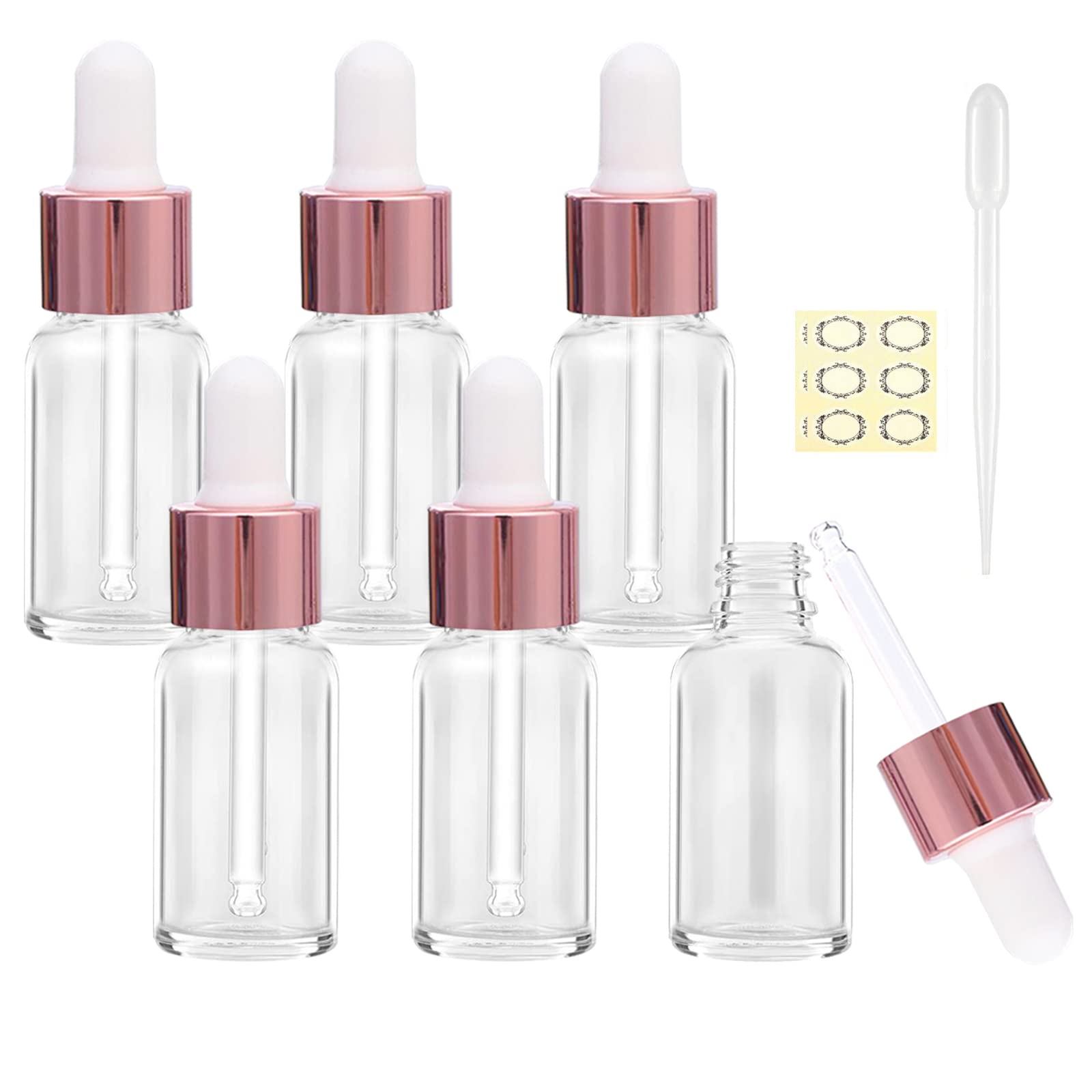 Alledomain 6Pcs, 10ml Clear Glass Bottles with Dropper Pipettes, Mini Empty Dropper Bottles Rose Gold Aluminum Alloy Cap Refillable Sample Container for Essential Oils/Massage Oil/Chemical Liquid