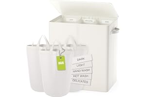 BATHOLA 160L Laundry Hamper 3 Section, Dirty Clothes Hamper with Lid for Laundry, Large Laundry Basket with Removable Bags & Labels for Sorting, Hamper 3 Compartment for Laundry Room, Bedroom, Beige