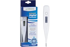 VERIDIAN HEALTHCARE Veridian Digital Thermometer | 60-Second Readout | Fever Alert + Memory Recall| Clinical Rigid Tip | Hygienic Water-Resistant Easy Cleaning | Storage Case + Probe Covers Included
