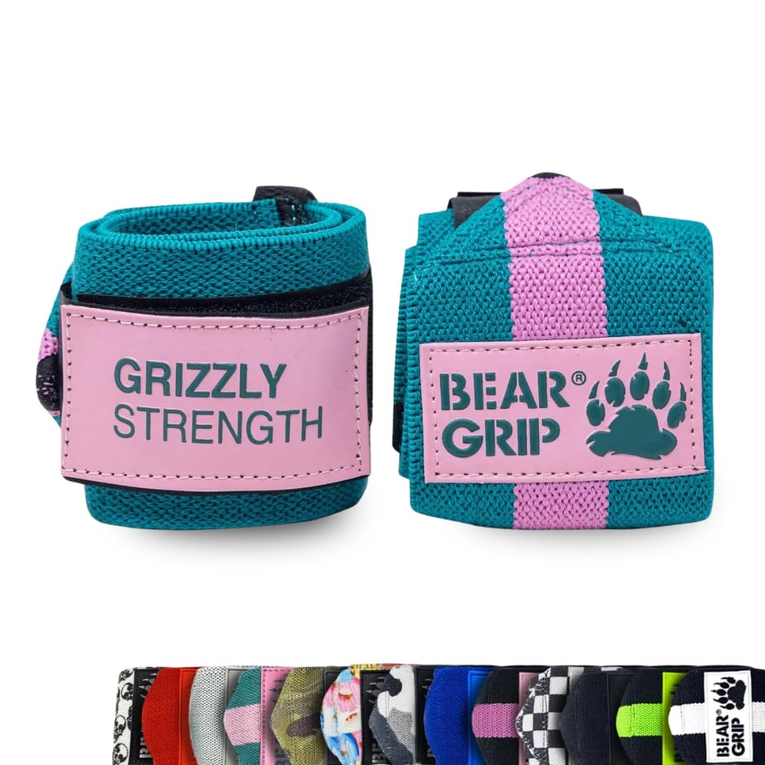 BEAR GRIP - Premium Heavy Duty Weight Lifting Wrist Wraps, Bodybuilding, Crossfit, Powerlifting, StrongMan (Green/Pink, 18 Inches)