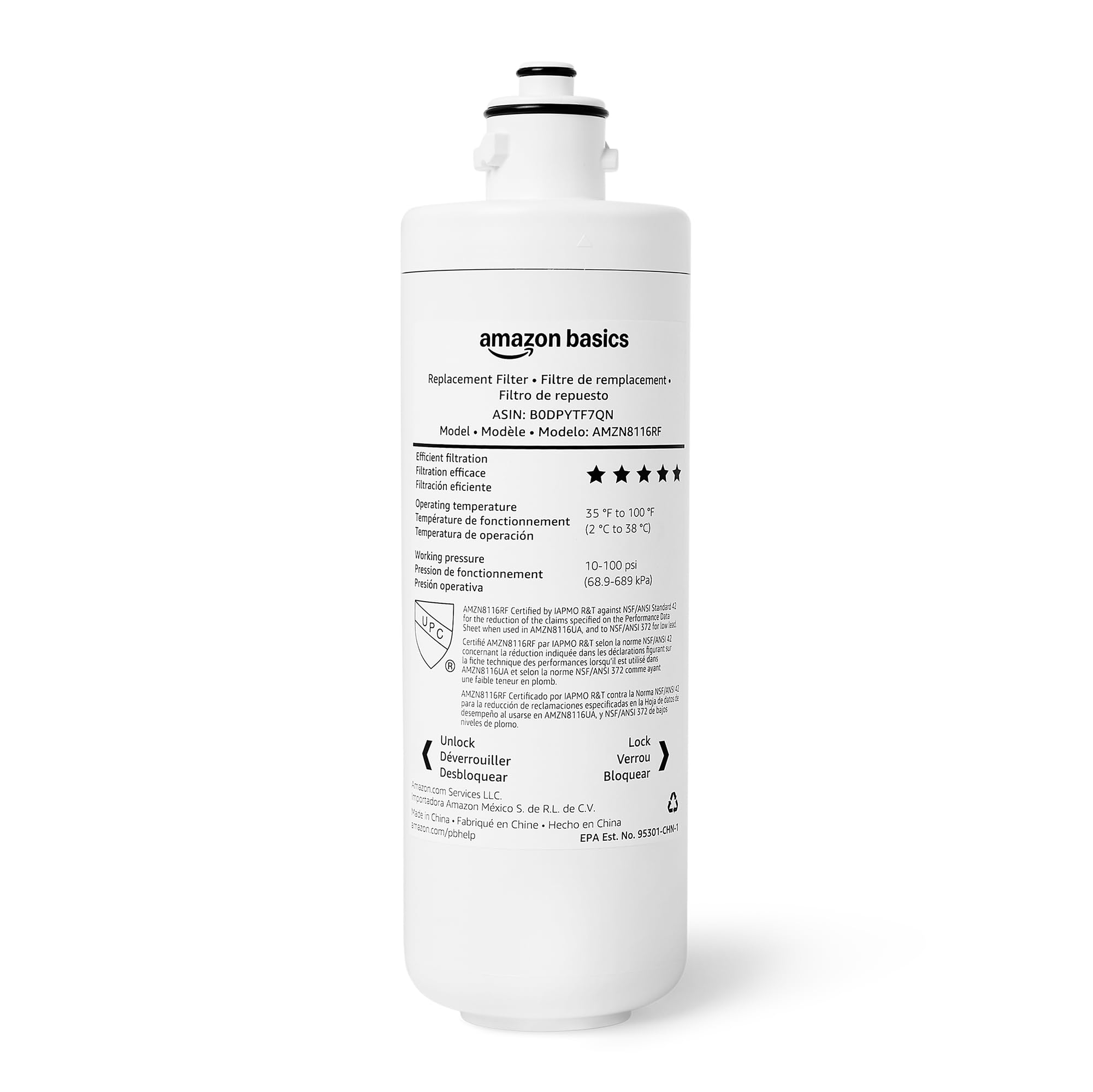 Photo 1 of Amazon Basics Replacement Filter Cartridge for Under Sink Water Filter, NSF/ANSI 42 & 372 Certified, Service Life 1 Year, 11,000 Gallons, White