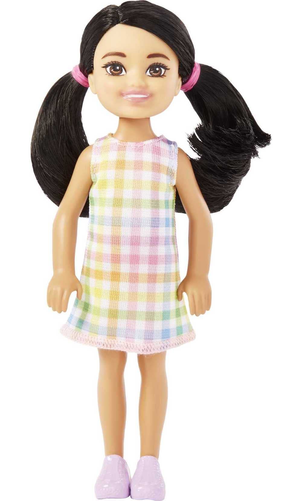 Barbie Chelsea Doll, Small Doll with Black Hair in Pigtails & Brown Eyes Wearing Removable Plaid Dress & Pink Shoes — image 1