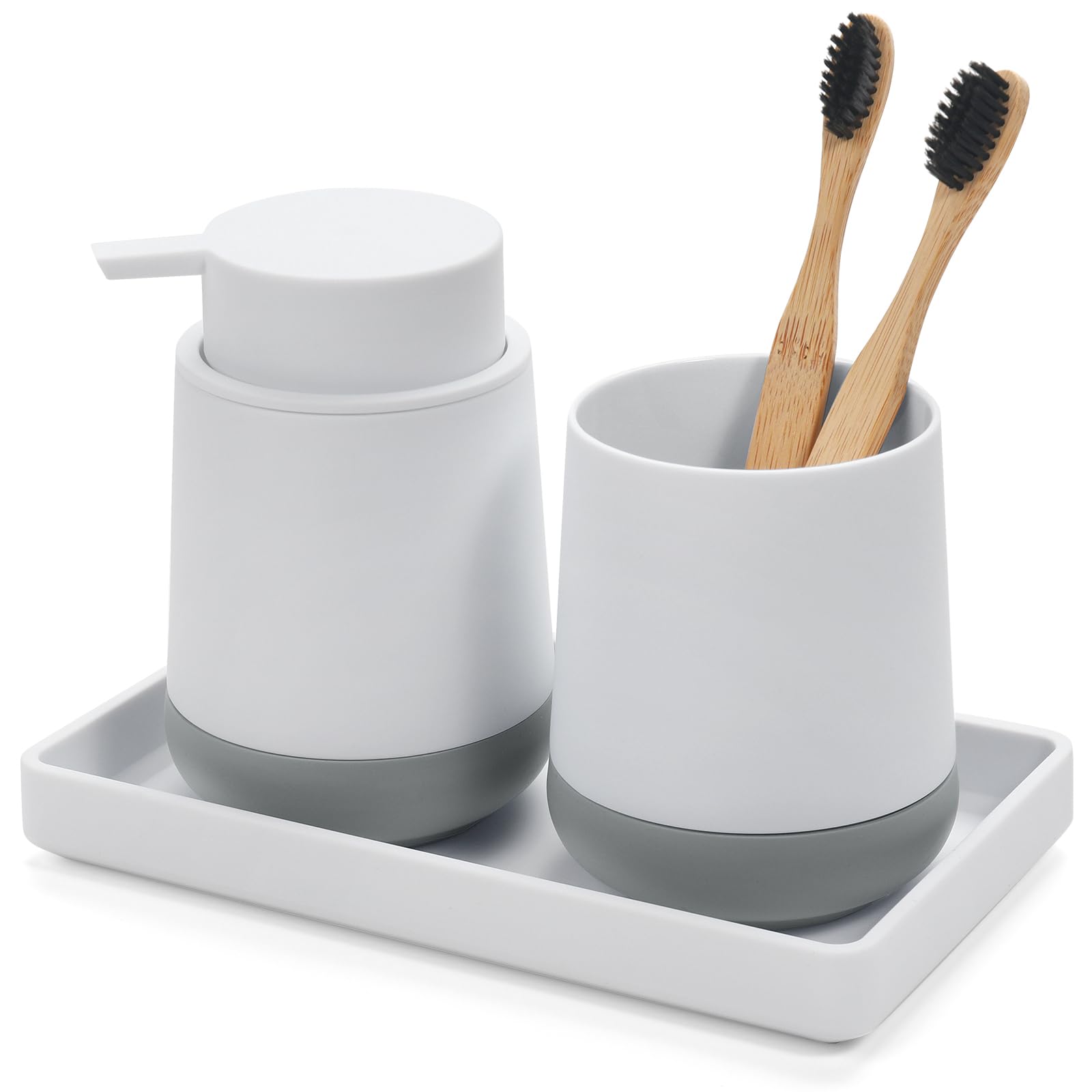 Photo 1 of GAHEFY White Bathroom Countertop Accessories Set - Soap Dispenser and Toothbrush Holder with Silicone Boot,Vanity Tray (White Liquid)