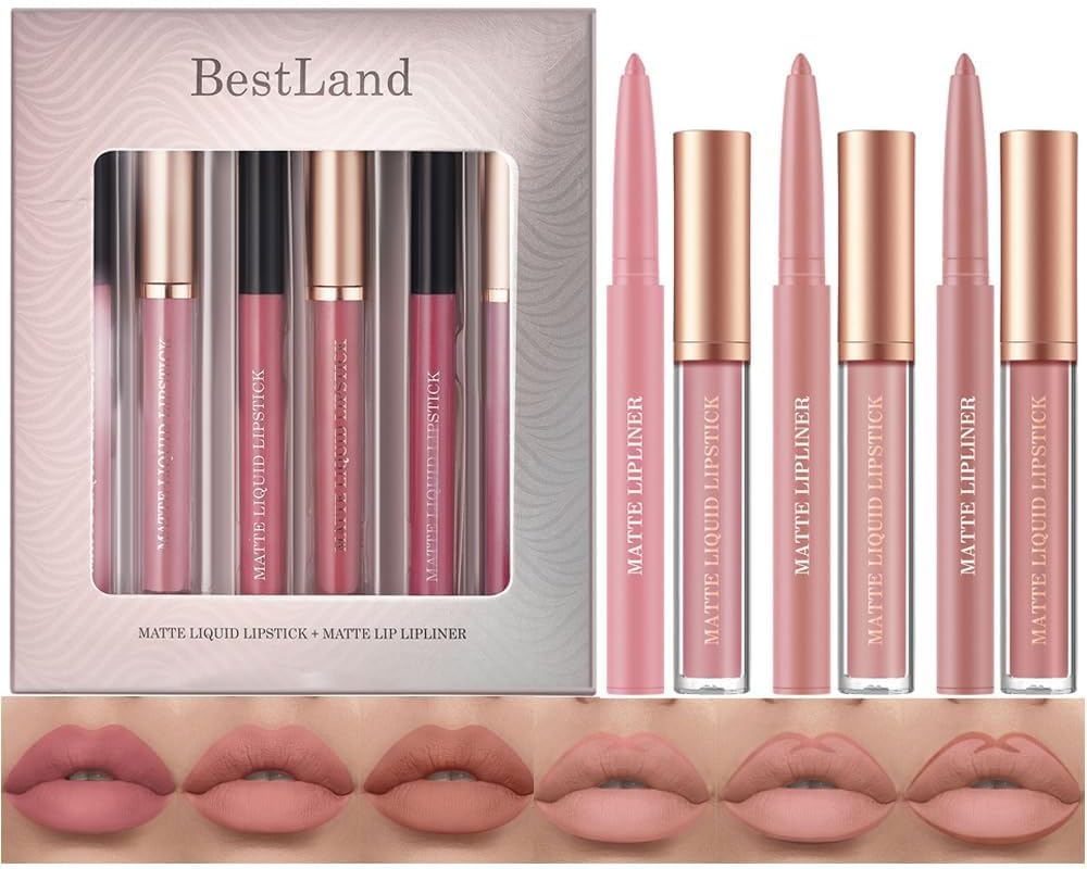 HQDA 6Pcs Matte Liquid Lipstick Lip Liner Set Nude Waterproof Non-Stick