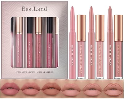 HQDA 6Pcs Matte Liquid Lipstick Lip Liner Set Nude Waterproof Non-Stick
