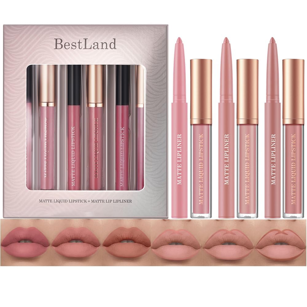 6Pcs Matte Liquid Lipstick Lip Liner Set, Velvety Nude Lipgloss Waterproof Non-Stick Cup Not Fade Liquid Lipstick Lipliner Make Up Gift Set (Set E) — image 1
