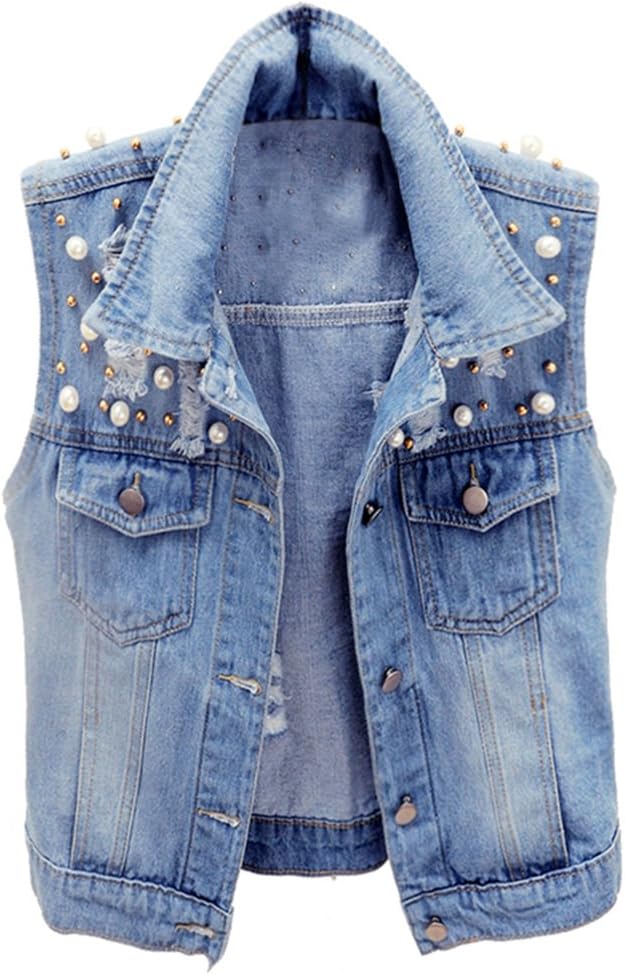 LifeSheWomens Beading Pearls Sleeveless Denim Vest Jean Jacket Coat…