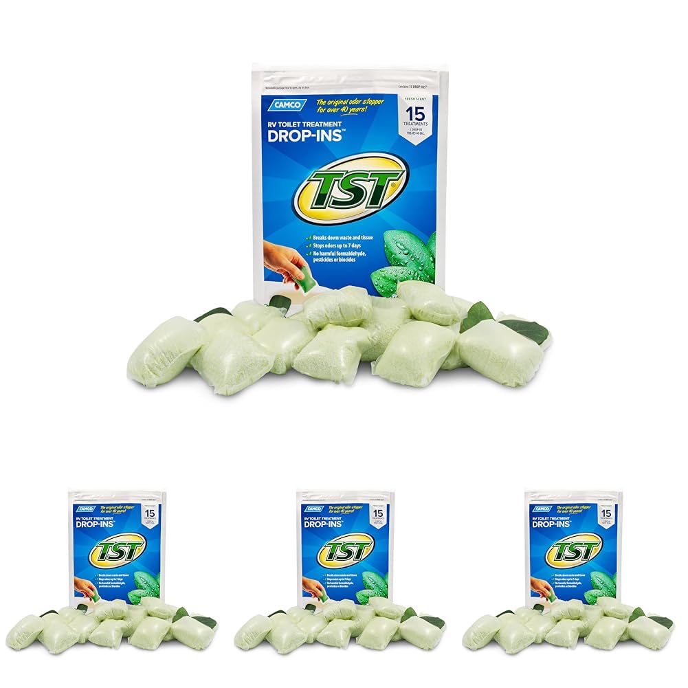 Camco TST RV Toilet Treatment Drop-INs - Control Unwanted Odors and Break Down Waste and Tissue - Septic Tank Safe - Fresh Scent (40264) (Pack of 60) Image