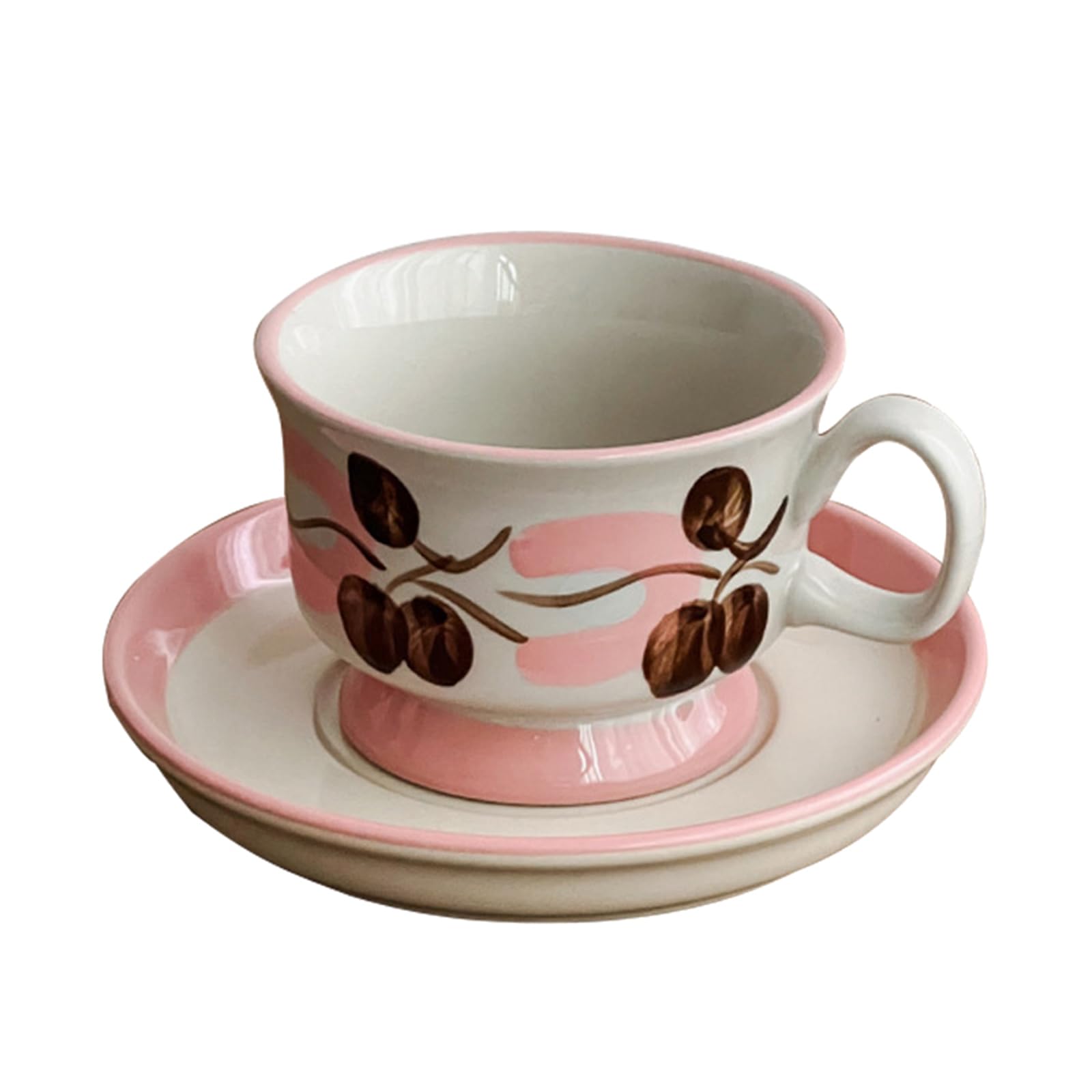 Soulnioi Ceramic Coffee Mug, Retro Cappuccino Cup and Saucer Set, 220ML Handpainting Floral Tea Cup Milk Cup for Gift - Pink