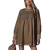 MISSACTIVER Floral Crochet Mini Dress for Women Sheer Lace Mesh Crew Neck Long Sleeve Pleated A Line Shirt Dresses